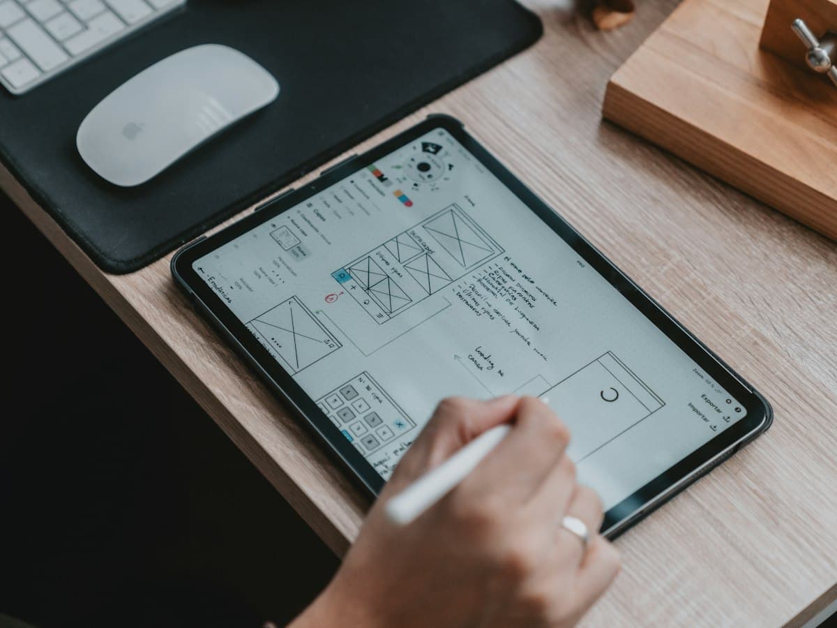 Hand sketching a website wireframe on a tablet with a stylus